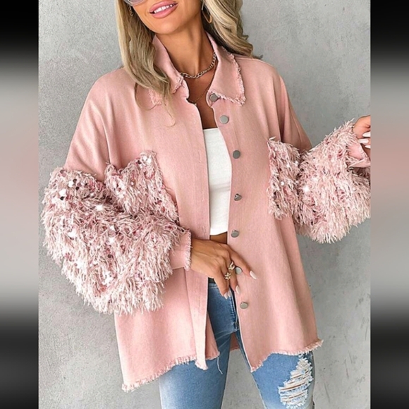 Spring & Fall Turn-Down Collar Contrast Sequin Raw Hem Button Front Shack - Picture 1 of 6